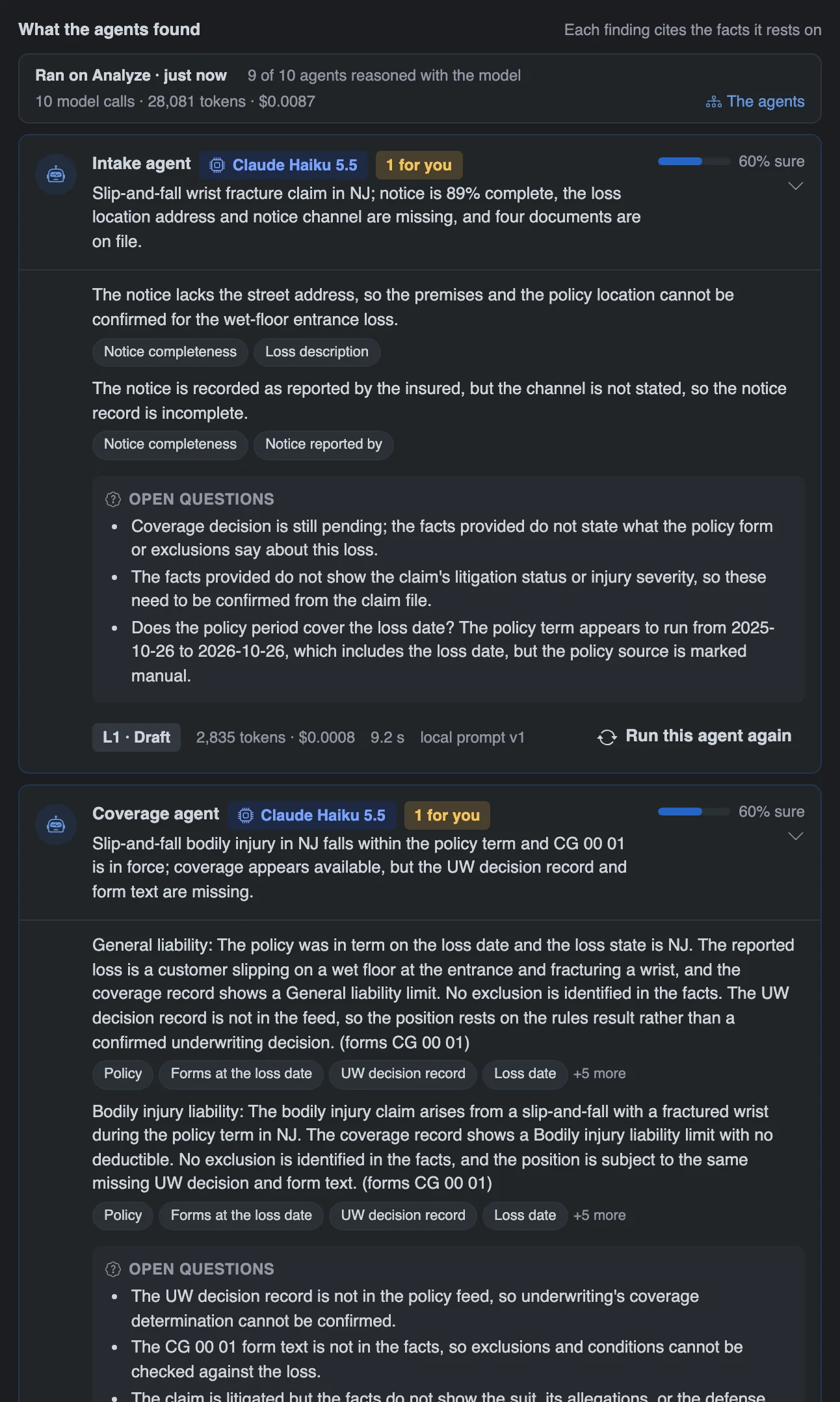 What the agents found, in dark mode, on demo data