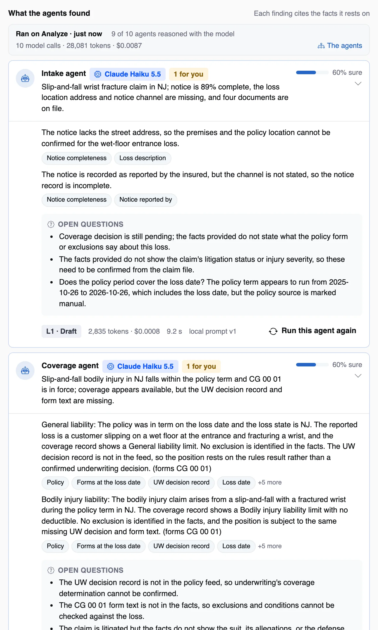 What the agents found, a card per agent with model, confidence, findings and sources, on demo data