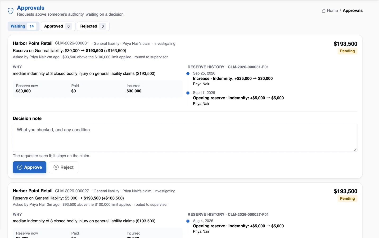 The approvals queue with requests above authority, on demo data