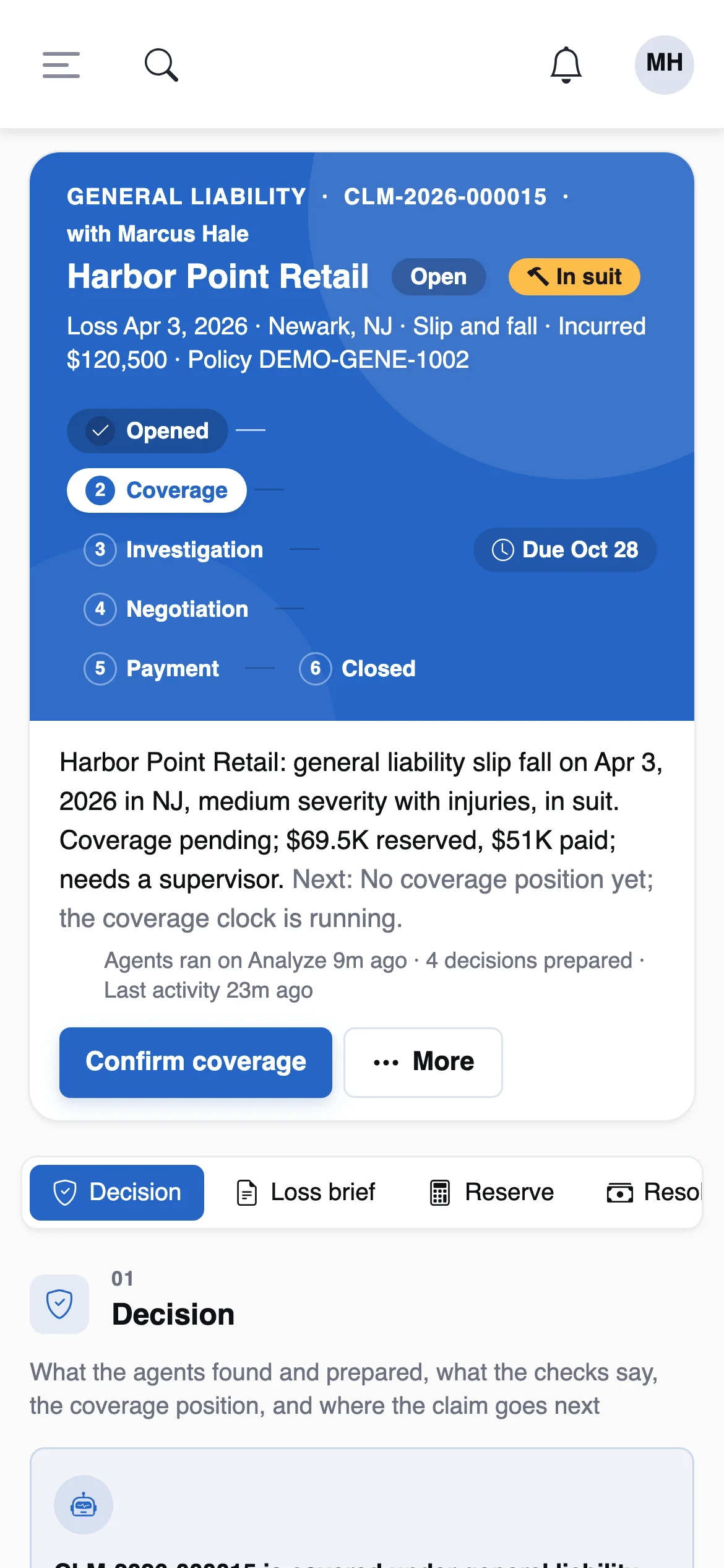 The Claim Workspace on a phone, on demo data